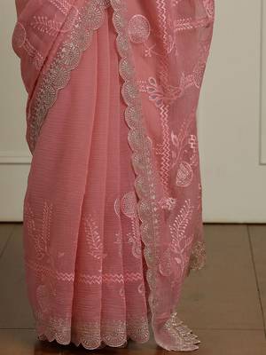 Pink floral motif embroidered beads and stones saree 5