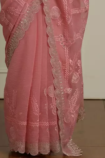 Pink floral motif embroidered beads and stones saree