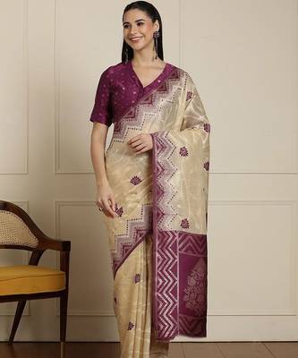 Cream geometric woven design zari paithani saree 1