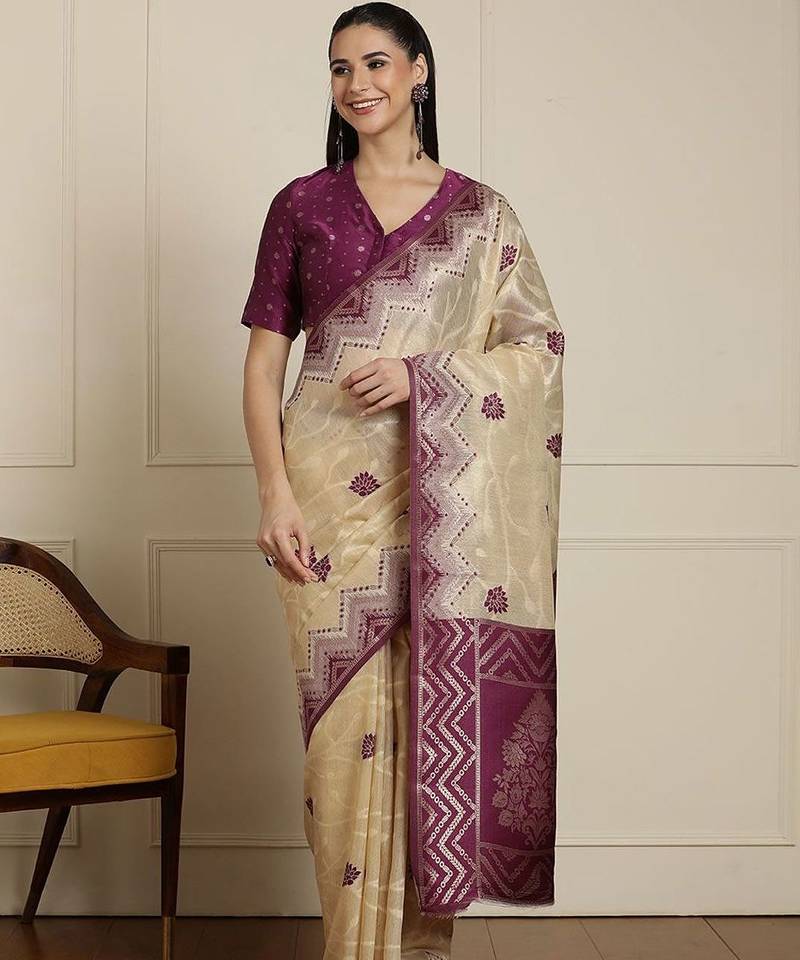 Cream geometric woven design zari paithani saree
