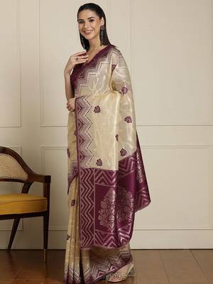 Cream geometric woven design zari paithani saree 2