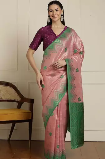 Pink woven design paithani saree