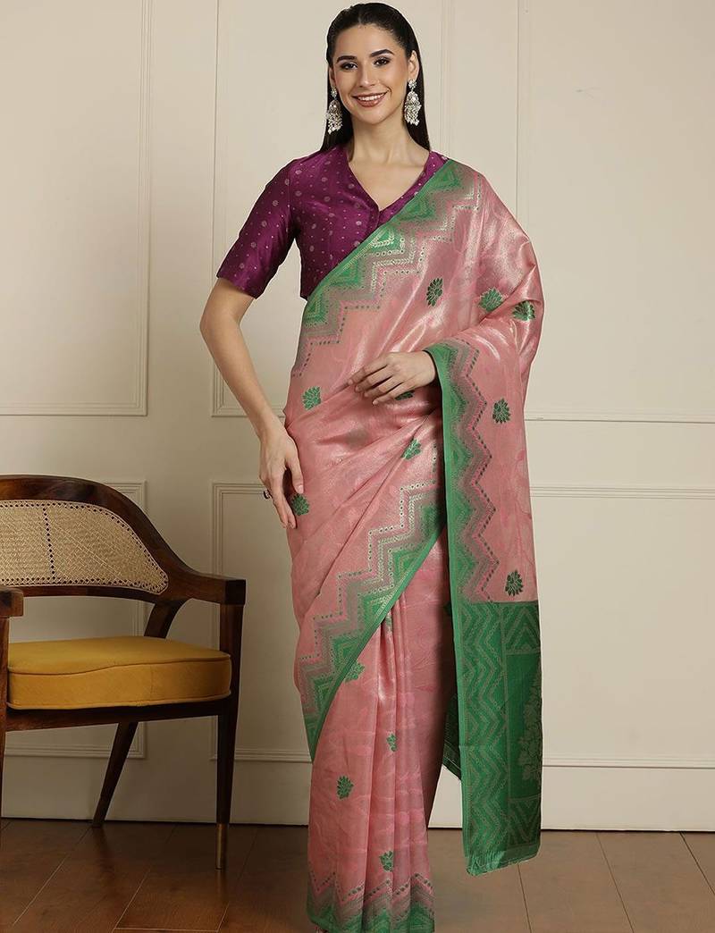 Pink woven design paithani saree
