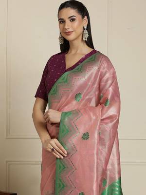 Pink woven design paithani saree 4
