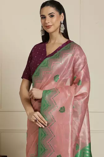 Pink woven design paithani saree