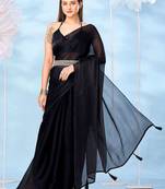 Black solid belted saree with blouse piece