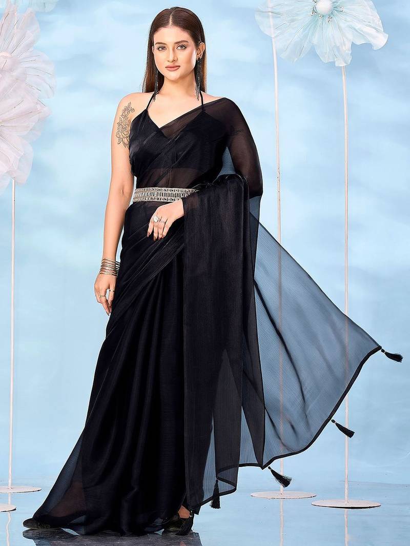 Black solid belted saree with blouse piece