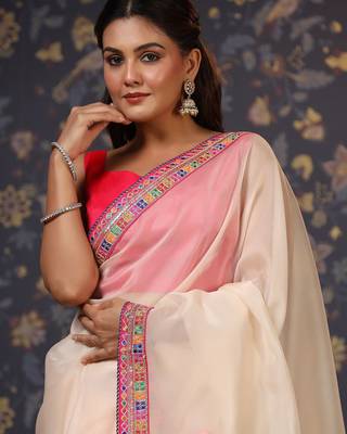 Off white organza saree with blouse piece 1