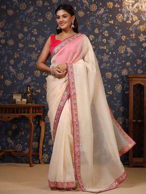Off white organza saree with blouse piece 2