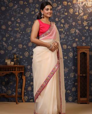 Off white organza saree with blouse piece 4
