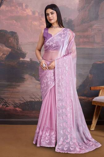 Mauve floral embroidered saree with blouse piece