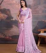 Mauve floral embroidered saree with blouse piece