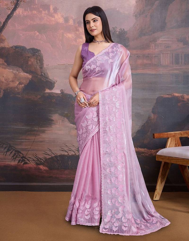 Mauve floral embroidered saree with blouse piece