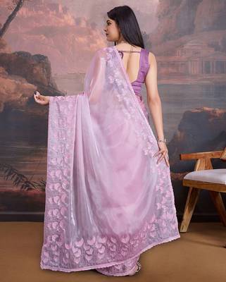 Mauve floral embroidered saree with blouse piece 3
