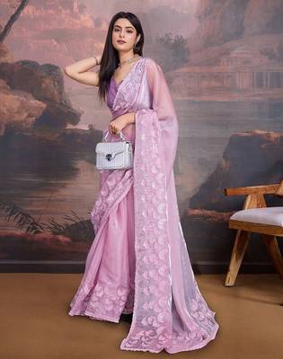 Mauve floral embroidered saree with blouse piece 4