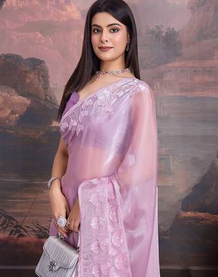 Mauve floral embroidered saree with blouse piece 5