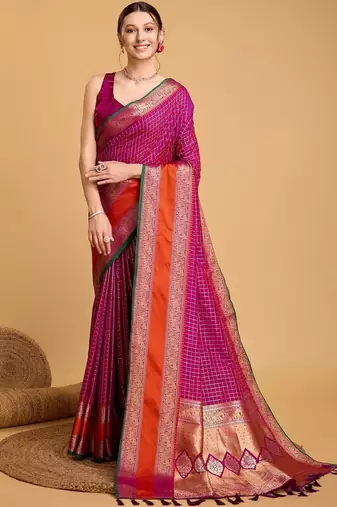 Pink woven design saree with unstitched blouse