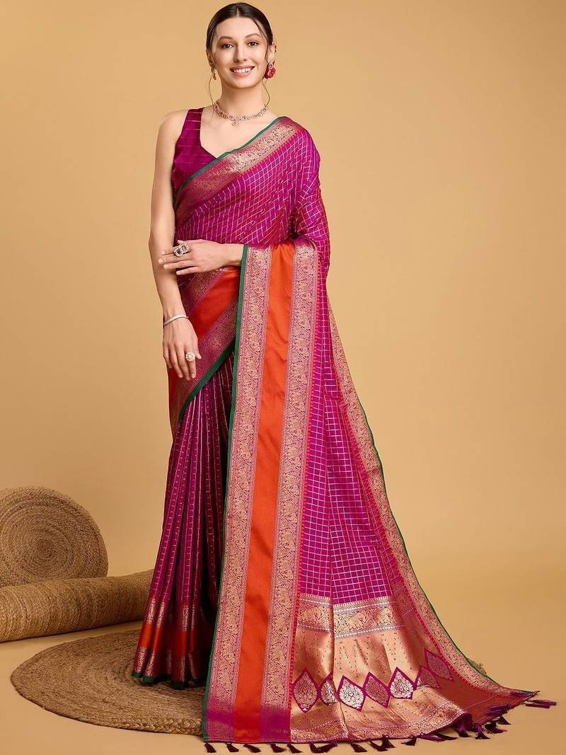 Pink woven design saree with unstitched blouse