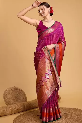 Pink woven design saree with unstitched blouse