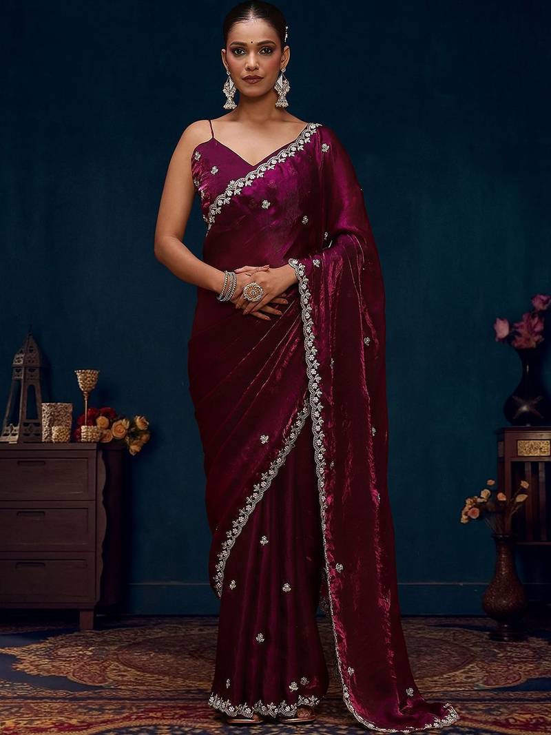 Purple floral embroidered beads and stones satin saree with blouse peice