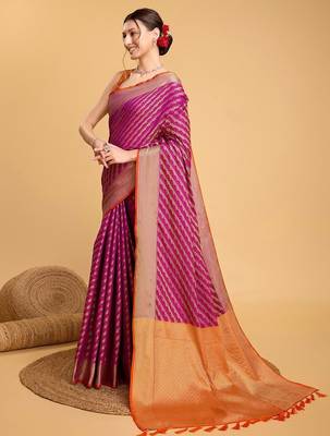 Pink woven embellished art silk leheria saree with blouse piece 2