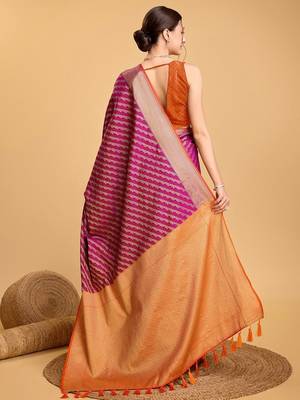Pink woven embellished art silk leheria saree with blouse piece 3