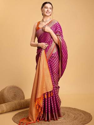 Pink woven embellished art silk leheria saree with blouse piece 4