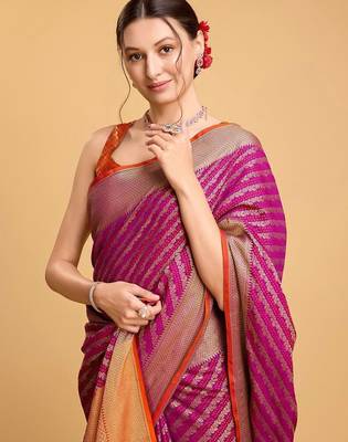 Pink woven embellished art silk leheria saree with blouse piece 5