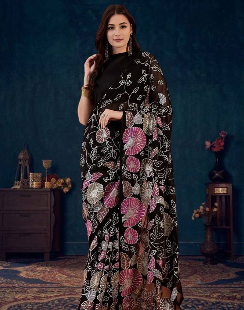 Black blooming floral embellished sequence saree with blouse piece