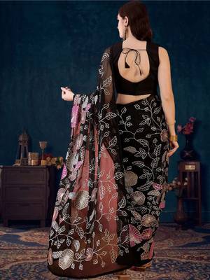Black blooming floral embellished sequence saree with blouse piece 2