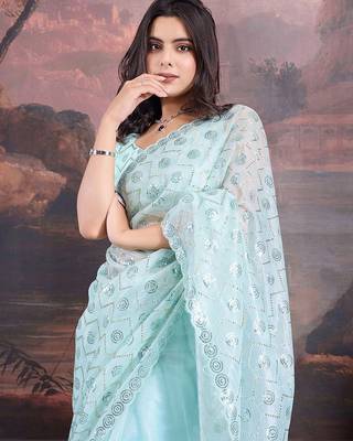 Blue embellished saree with blouse piece 1