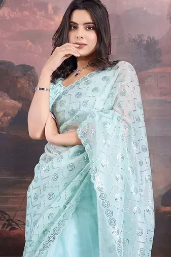 Blue embellished saree with blouse piece