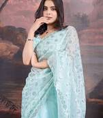 Blue embellished saree with blouse piece