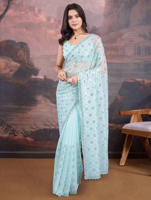 Blue embellished saree with blouse piece 2