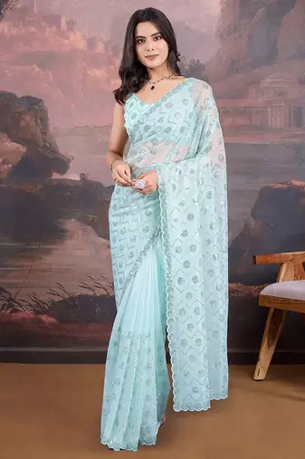 Blue embellished saree with blouse piece