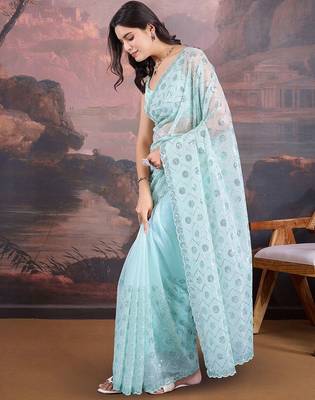 Blue embellished saree with blouse piece 3