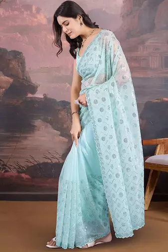 Blue embellished saree with blouse piece