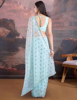 Blue embellished saree with blouse piece 4