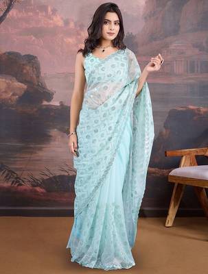 Blue embellished saree with blouse piece 5