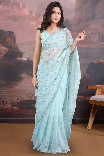 Blue embellished saree with blouse piece