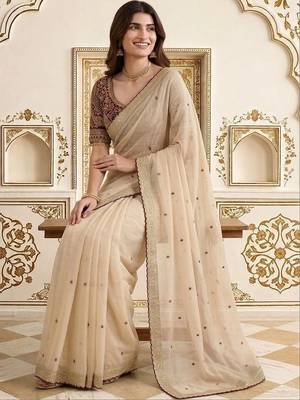Cream embellished embroidered saree 5