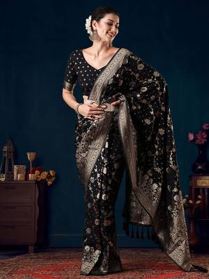 Black ethnic motifs woven design saree with unstitched blouse 1