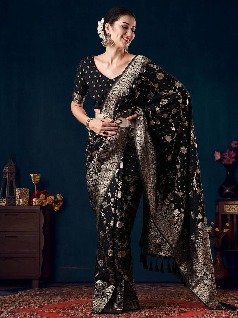 Black ethnic motifs woven design saree with unstitched blouse