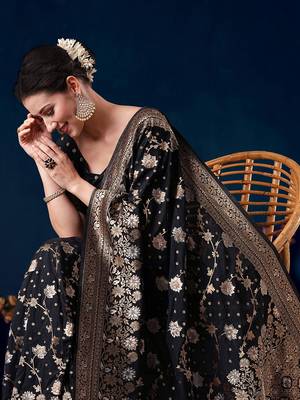 Black ethnic motifs woven design saree with unstitched blouse 4