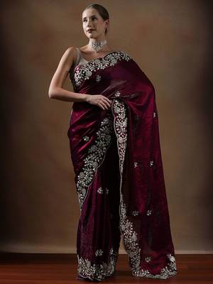 Violet embroidered saree with unstitched blouse 1