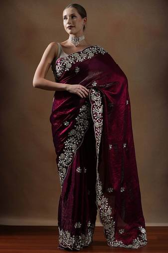 Violet embroidered saree with unstitched blouse