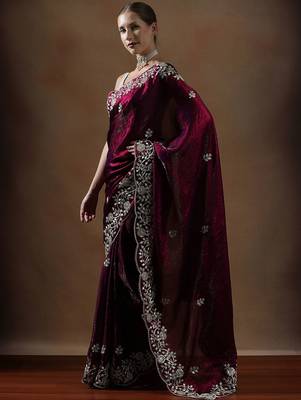 Violet embroidered saree with unstitched blouse 2
