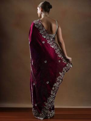 Violet embroidered saree with unstitched blouse 3