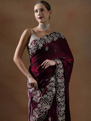 Violet embroidered saree with unstitched blouse 4