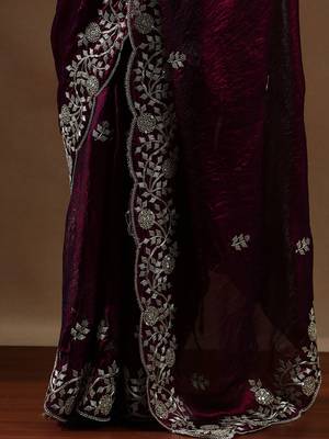 Violet embroidered saree with unstitched blouse 5